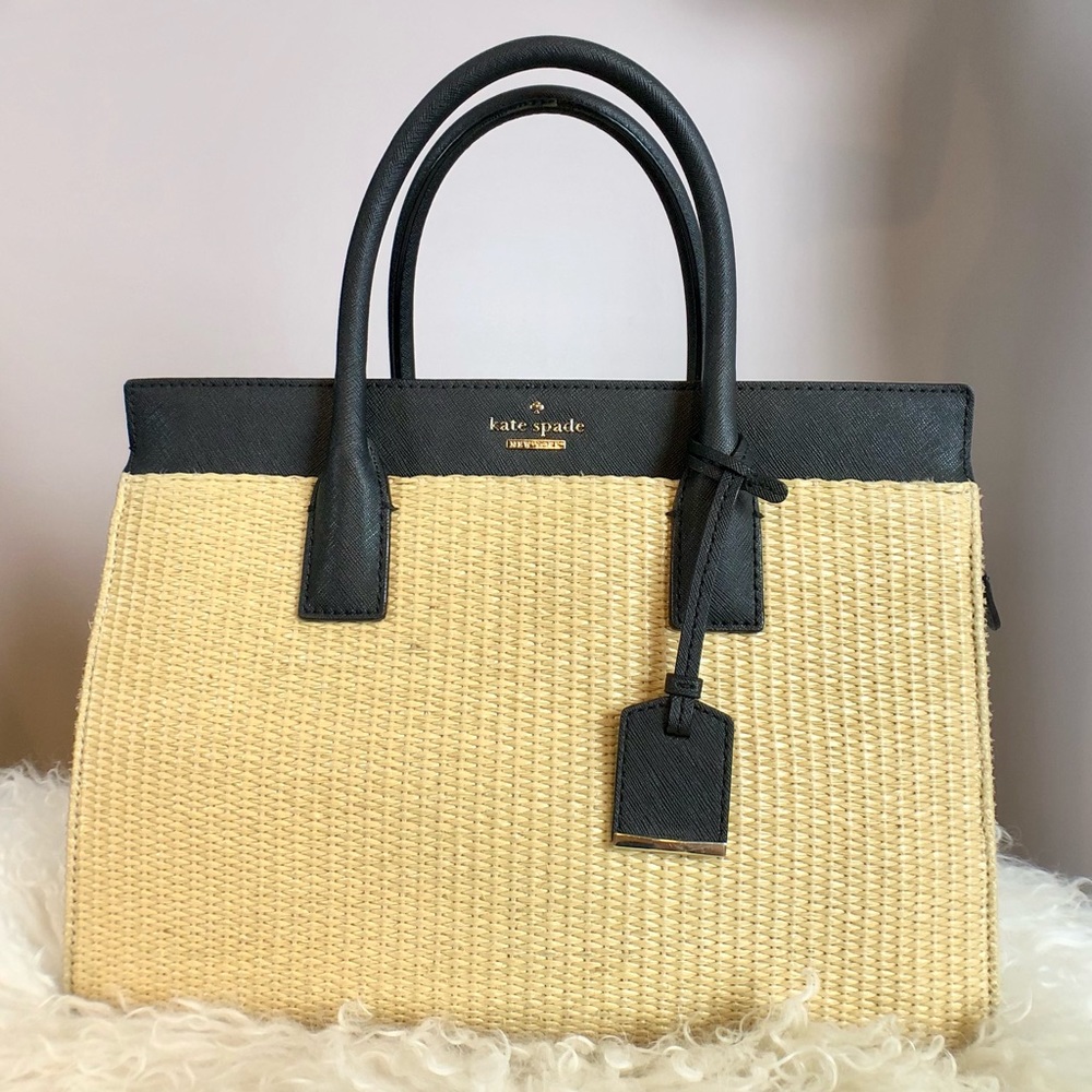 Authentic Kate Spade Cameron Street Candace Satchel - Straw w/Black Leather Trim